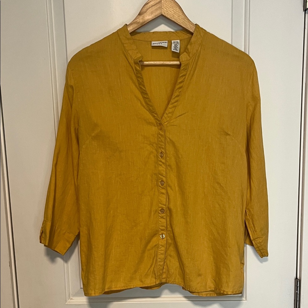 Covington 100% Linen Golden Mustard V-Neck Button Front Blouse